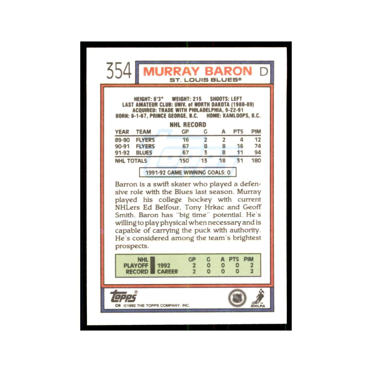 Murray Baron 1992 Topps #354 Hockey Cards Hockey Card NM