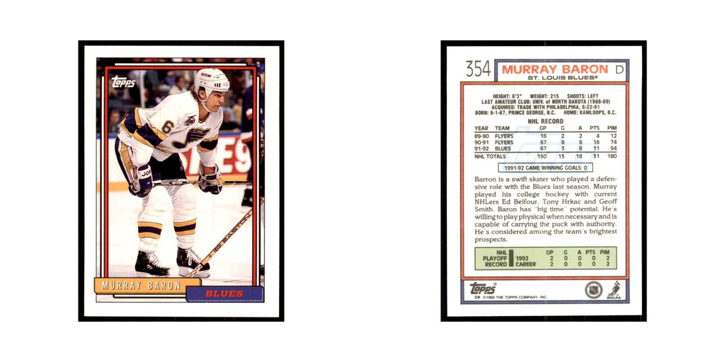 Murray Baron 1992 Topps #354 Hockey Cards Hockey Card NM