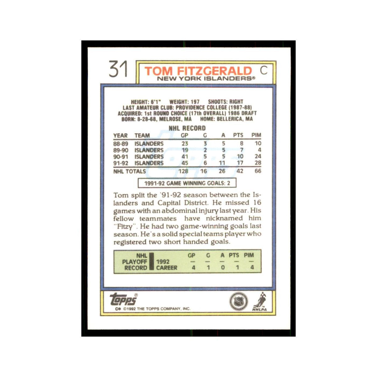 Tom Fitzgerald 1992 Topps #31 Hockey Cards Hockey Card NM
