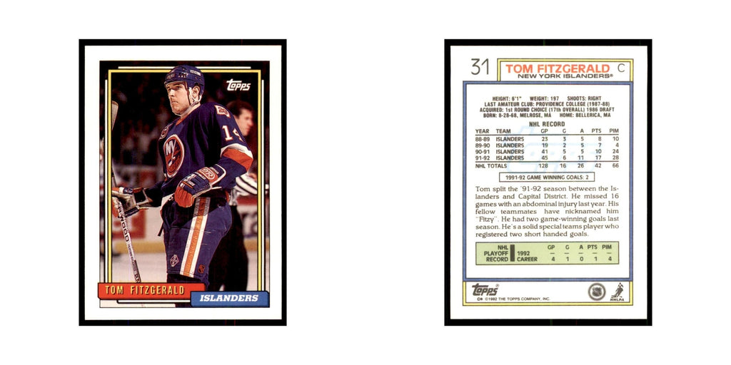 Tom Fitzgerald 1992 Topps #31 Hockey Cards Hockey Card NM