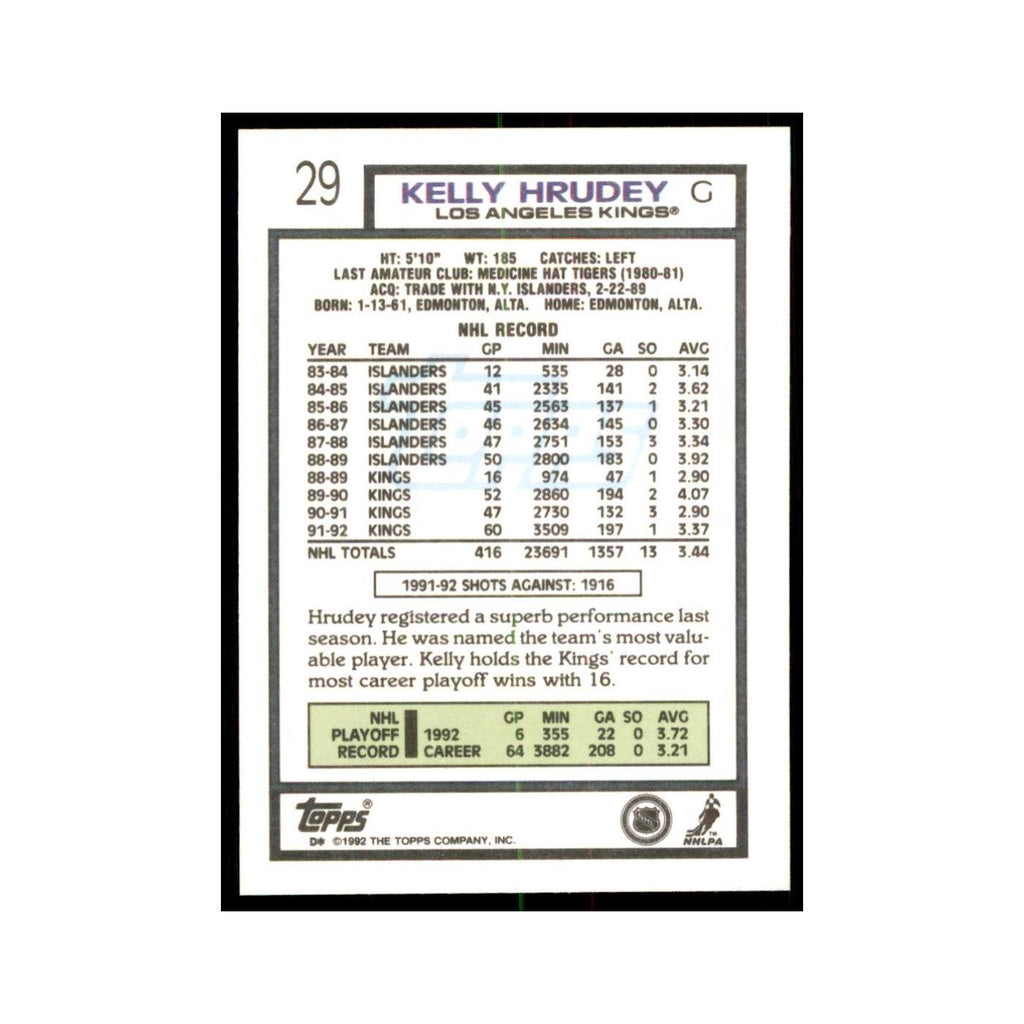 Kelly Hrudey 1992 Topps #29 Hockey Cards Hockey Card NM