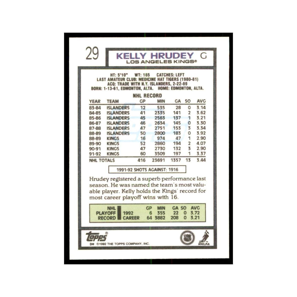 Kelly Hrudey 1992 Topps #29 Hockey Cards Hockey Card NM