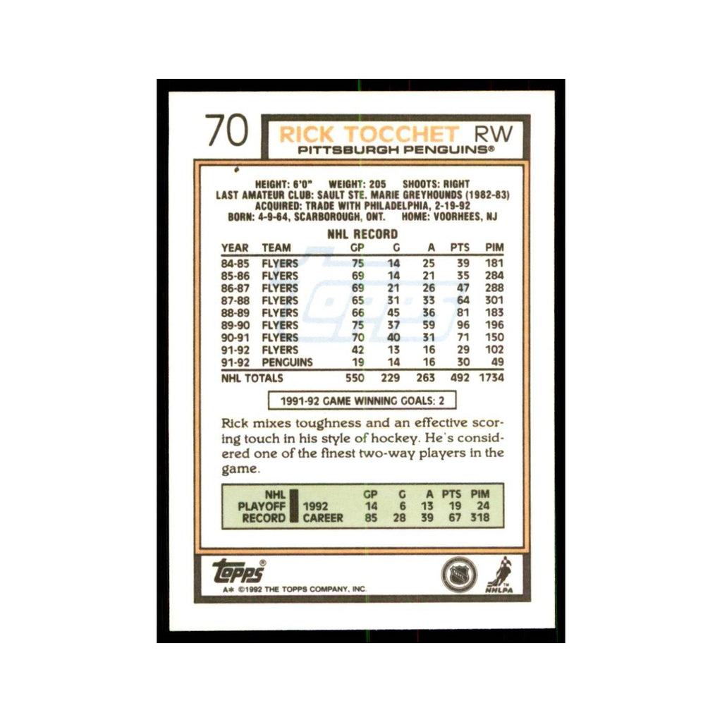 Rick Tocchet 1992 Topps #70 Hockey Cards Hockey Card NM