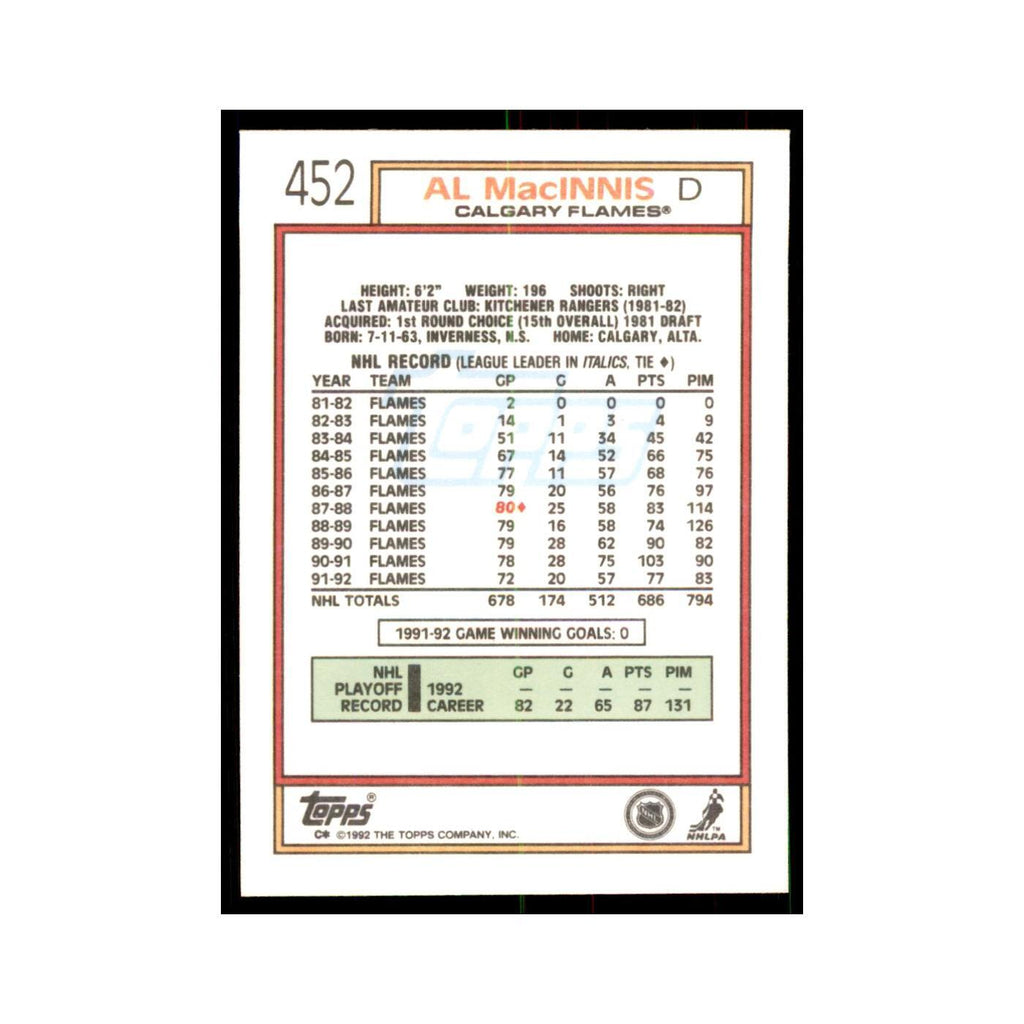 Al MacInnis 1992 Topps #452 Hockey Cards Hockey Card NM