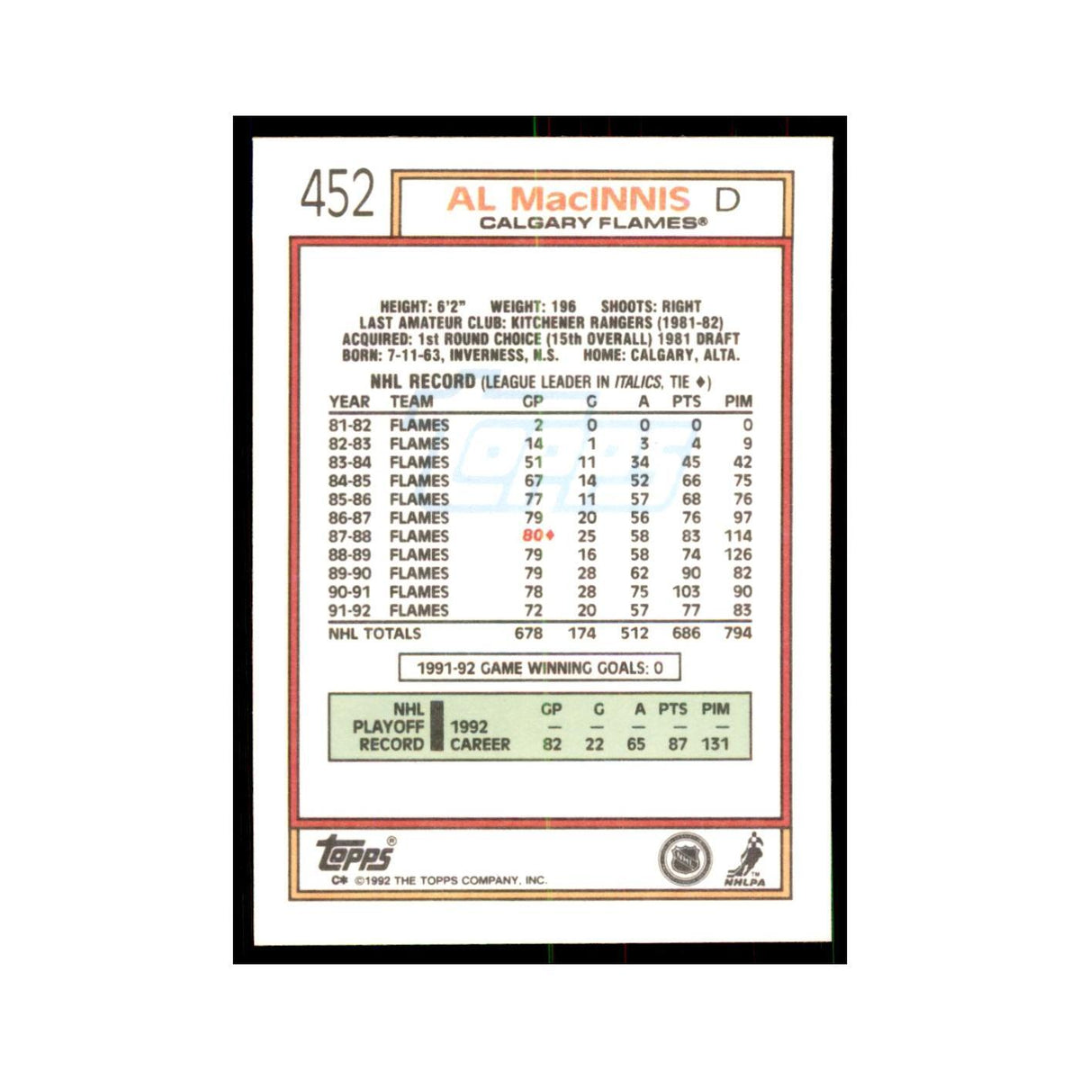 Al MacInnis 1992 Topps #452 Hockey Cards Hockey Card NM