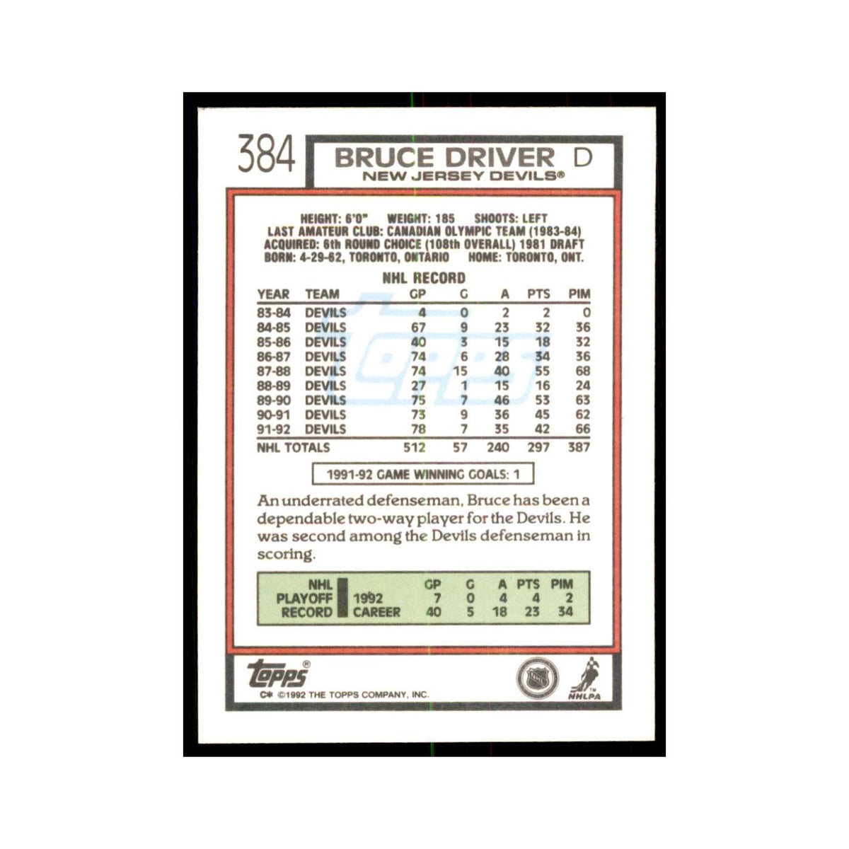 Bruce Driver 1992 Topps #384 Hockey Cards Hockey Card NM