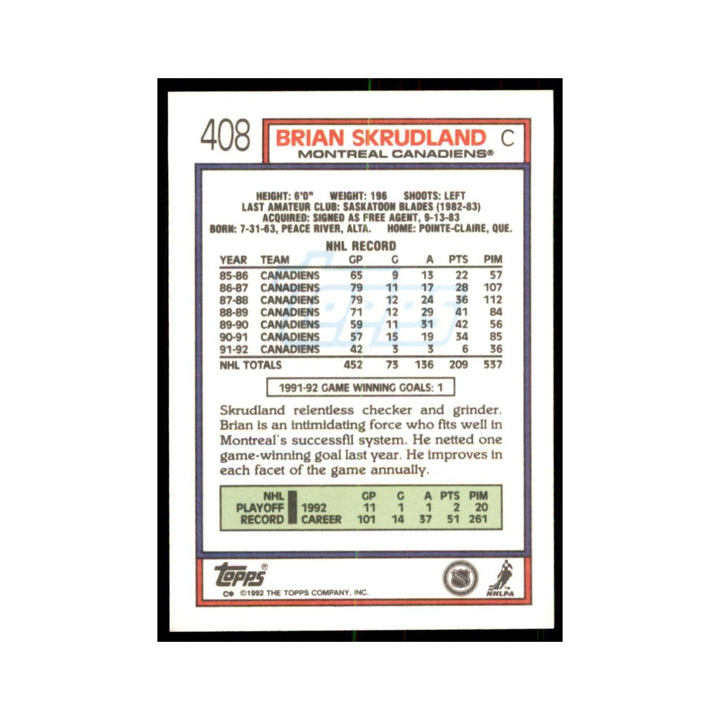 Brian Skrudland 1992 Topps #408 Hockey Cards Hockey Card NM