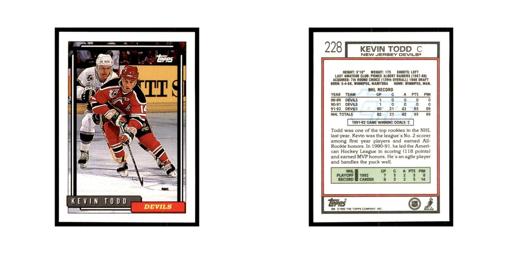 Kevin Todd 1992 Topps #228 Hockey Cards Hockey Card NM
