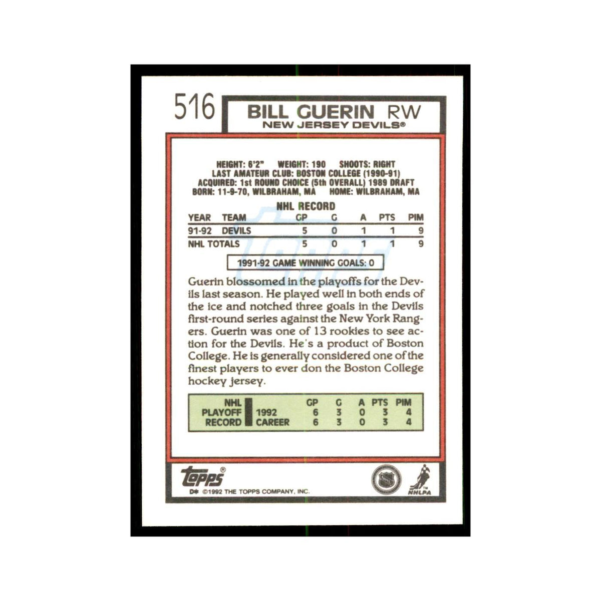Bill Guerin 1992 Topps #516 Hockey Cards Hockey Card NM
