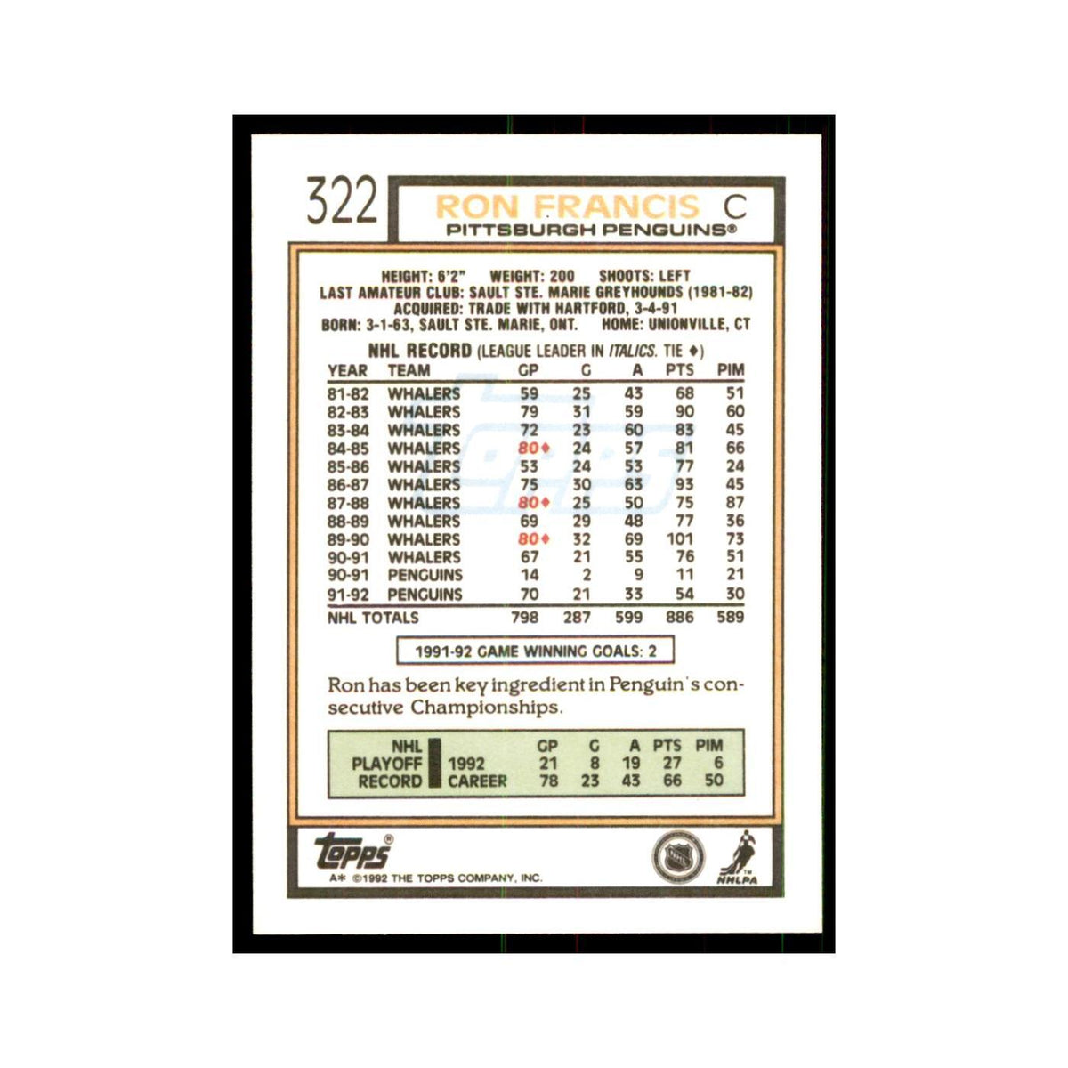 Ron Francis 1992 Topps #322 Hockey Cards Hockey Card NM