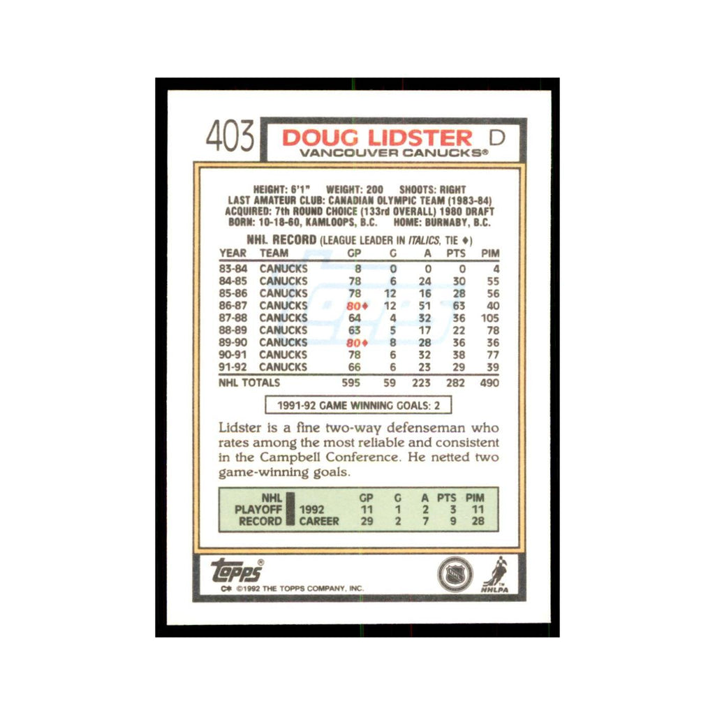 Doug Lidster 1992 Topps #403 Hockey Cards Hockey Card NM
