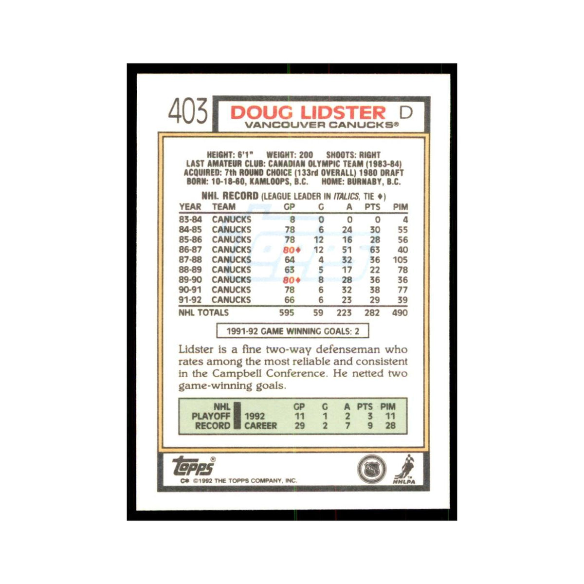 Doug Lidster 1992 Topps #403 Hockey Cards Hockey Card NM