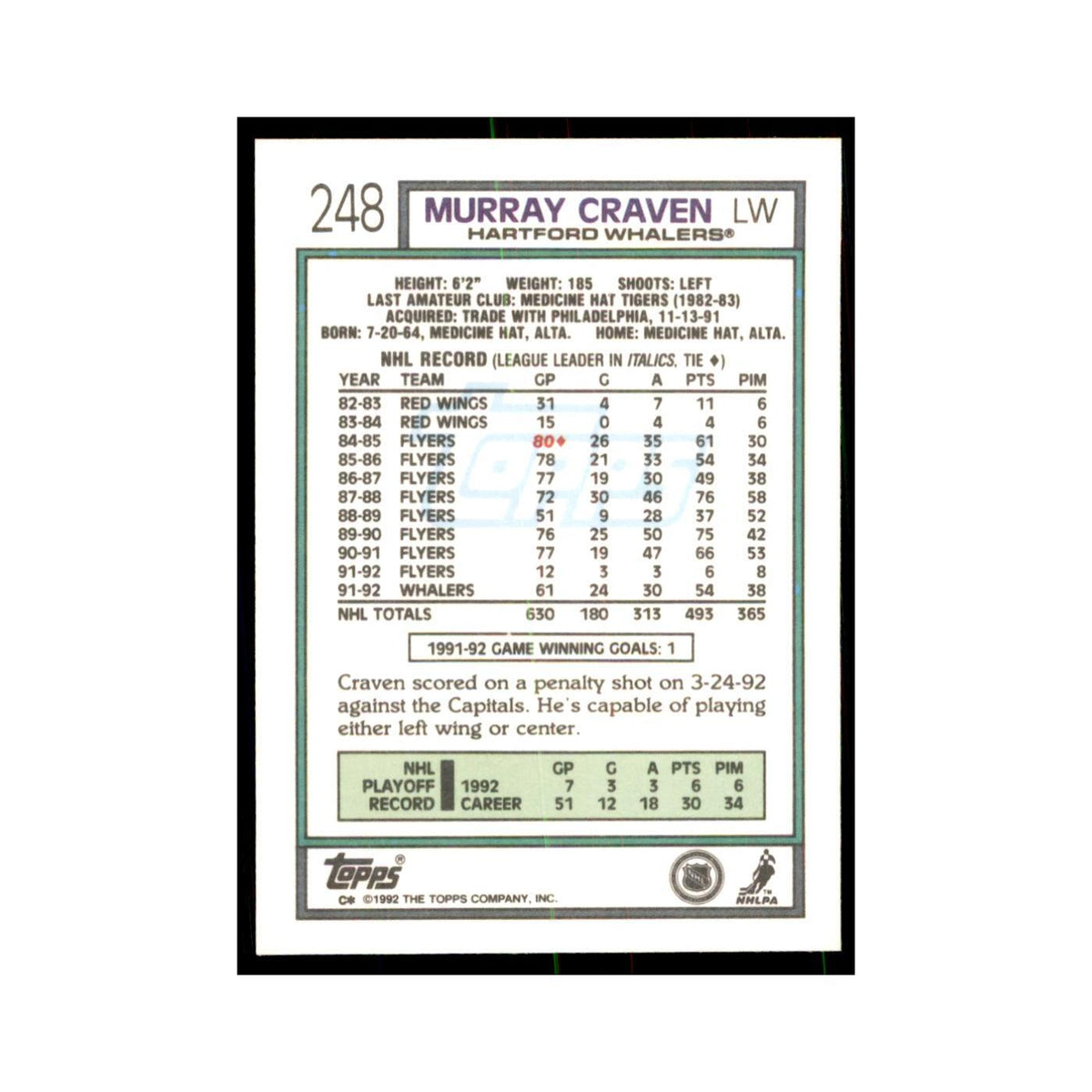Murray Craven 1992 Topps #248 Hockey Cards Hockey Card NM