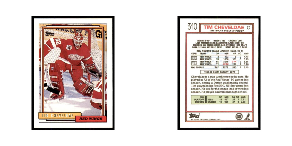 Tim Cheveldae 1992 Topps #310 Hockey Cards Hockey Card NM
