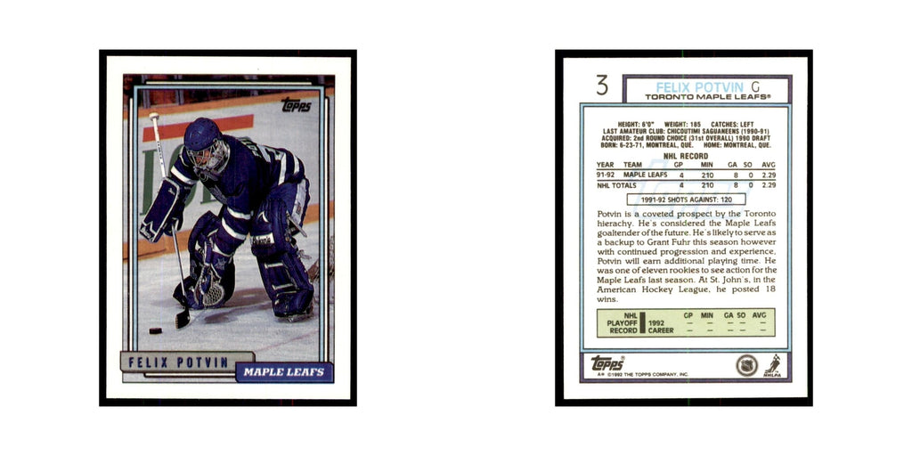 Felix Potvin 1992 Topps #3 Hockey Cards Hockey Card NM