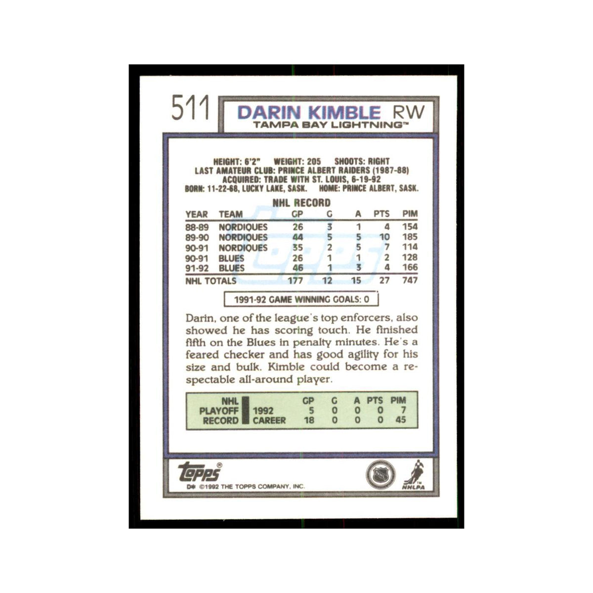 Darin Kimble 1992 Topps #511 Hockey Cards Hockey Card NM