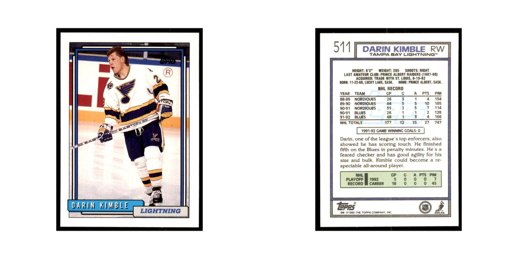 Darin Kimble 1992 Topps #511 Hockey Cards Hockey Card NM