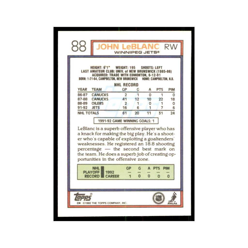 John LeBlanc 1992 Topps #88 Hockey Cards Hockey Card NM