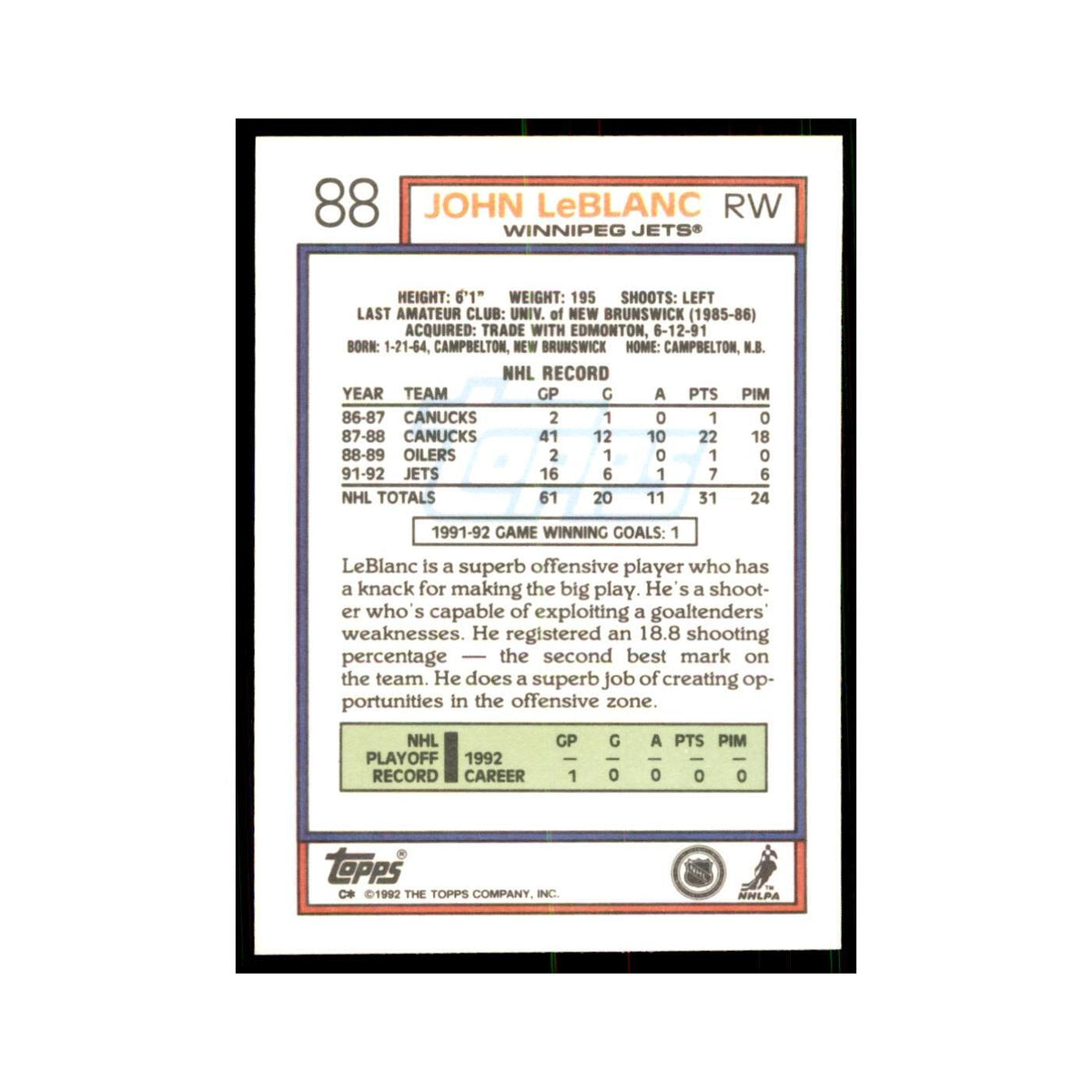 John LeBlanc 1992 Topps #88 Hockey Cards Hockey Card NM