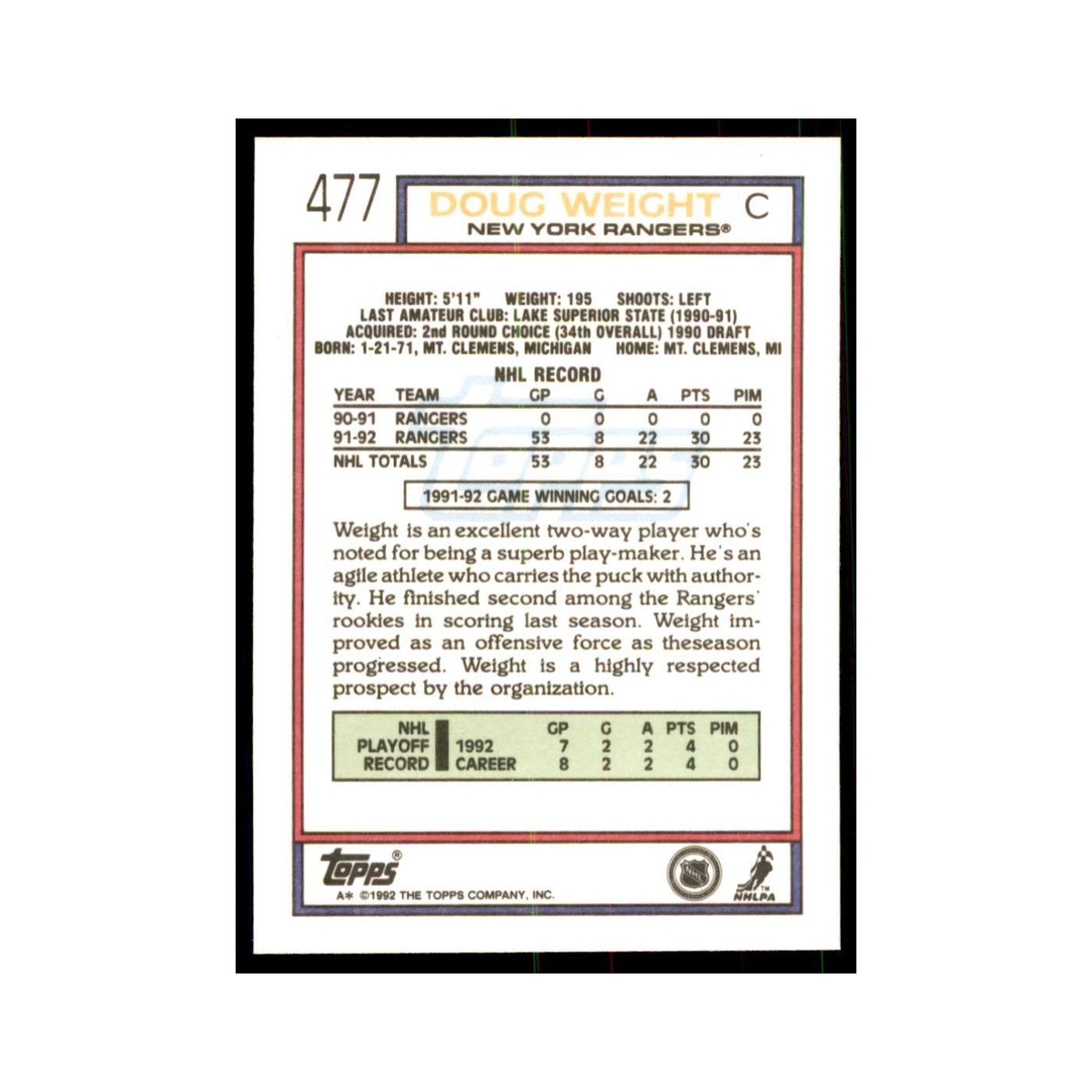 Doug Weight 1992 Topps #477 Hockey Cards Hockey Card NM