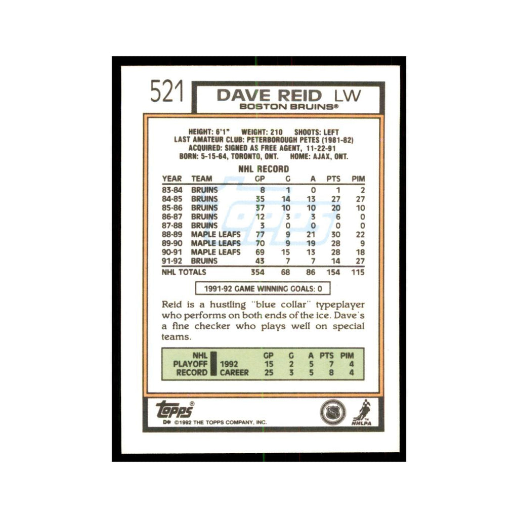 Dave Reid 1992 Topps #521 Hockey Cards Hockey Card NM