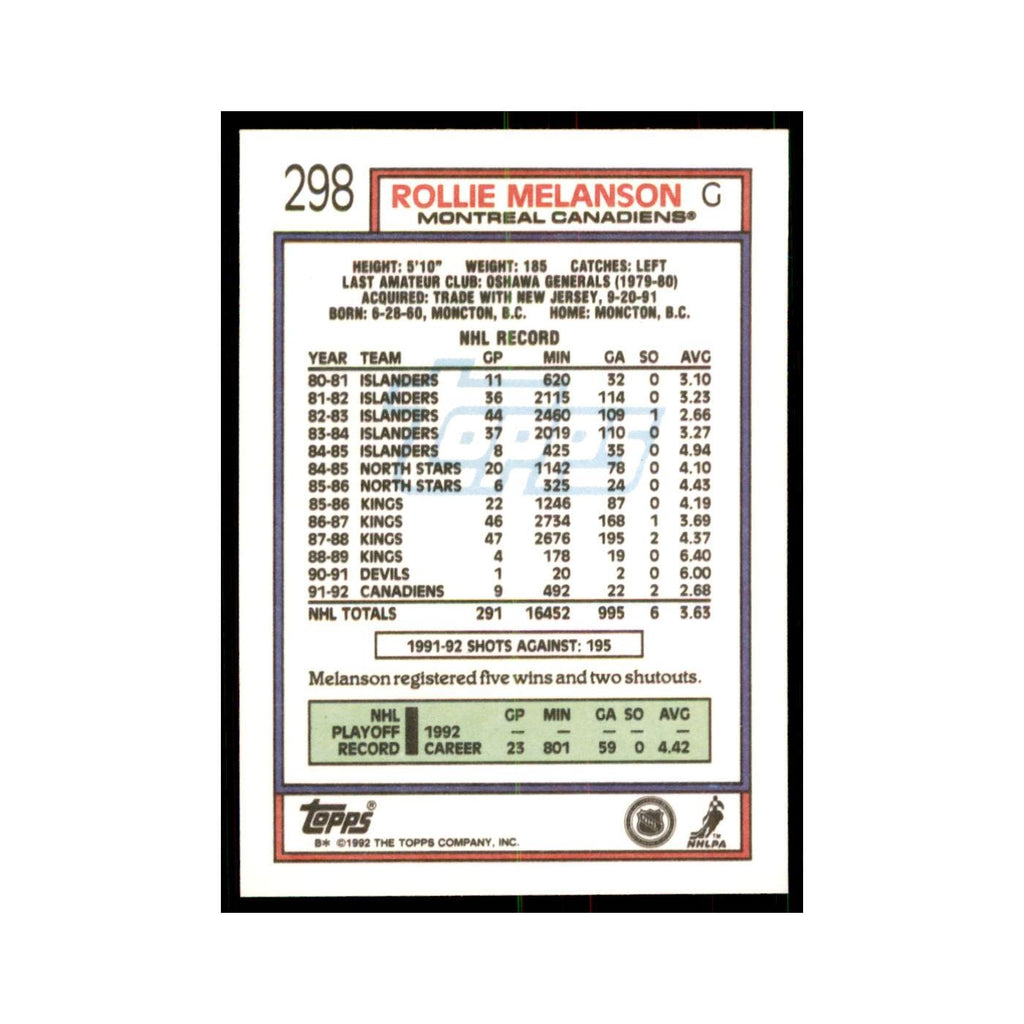 Rollie Melanson 1992 Topps #298 Hockey Cards Hockey Card NM