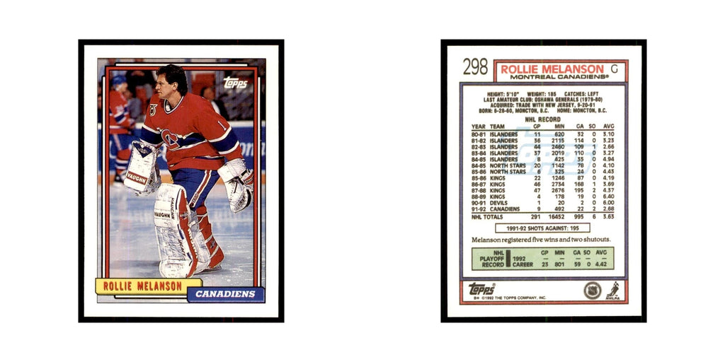 Rollie Melanson 1992 Topps #298 Hockey Cards Hockey Card NM
