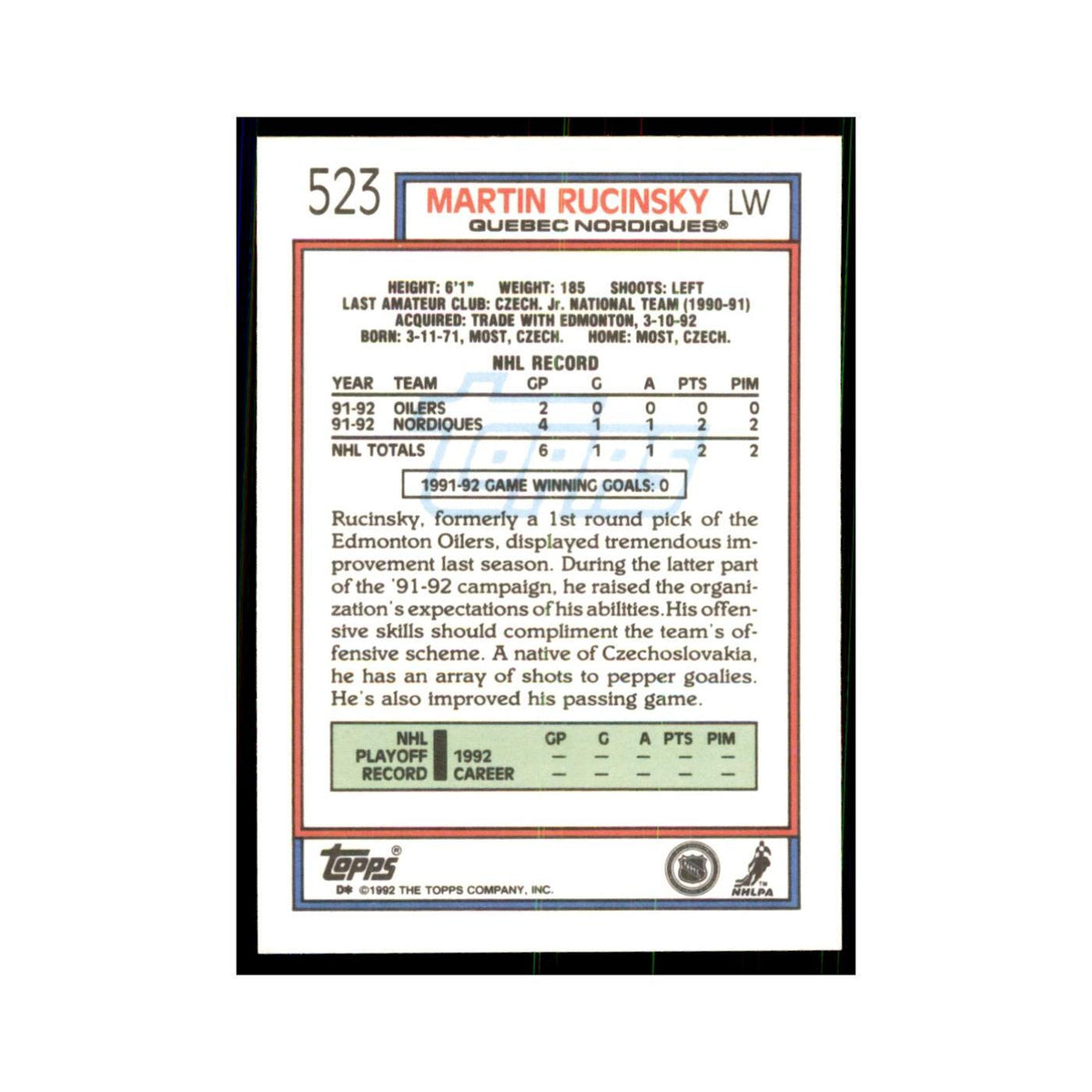 Martin Rucinsky 1992 Topps #523 Hockey Cards Hockey Card NM