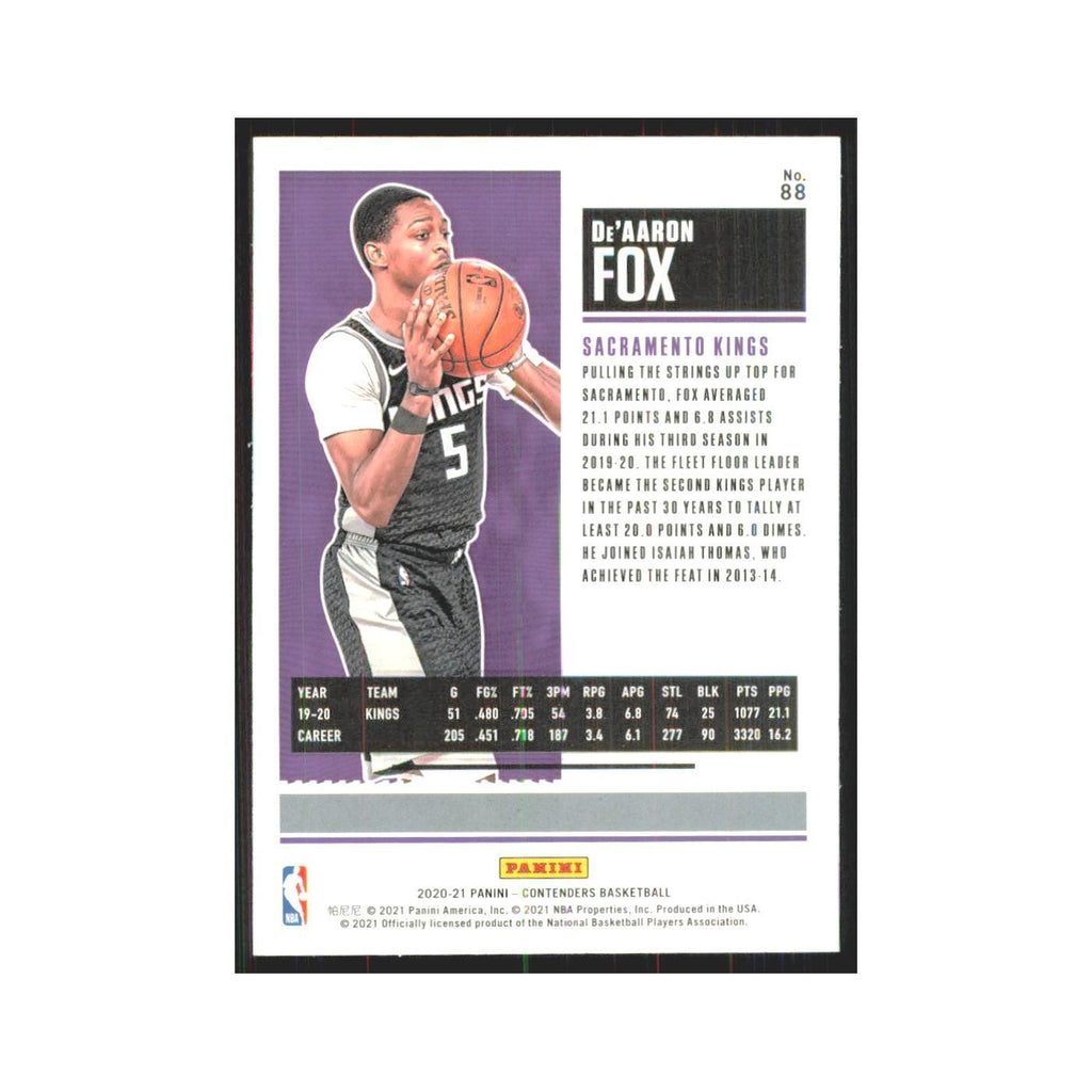De'Aaron Fox 2020 Panini Contenders #88 Sacramento Kings Basketball Card NM