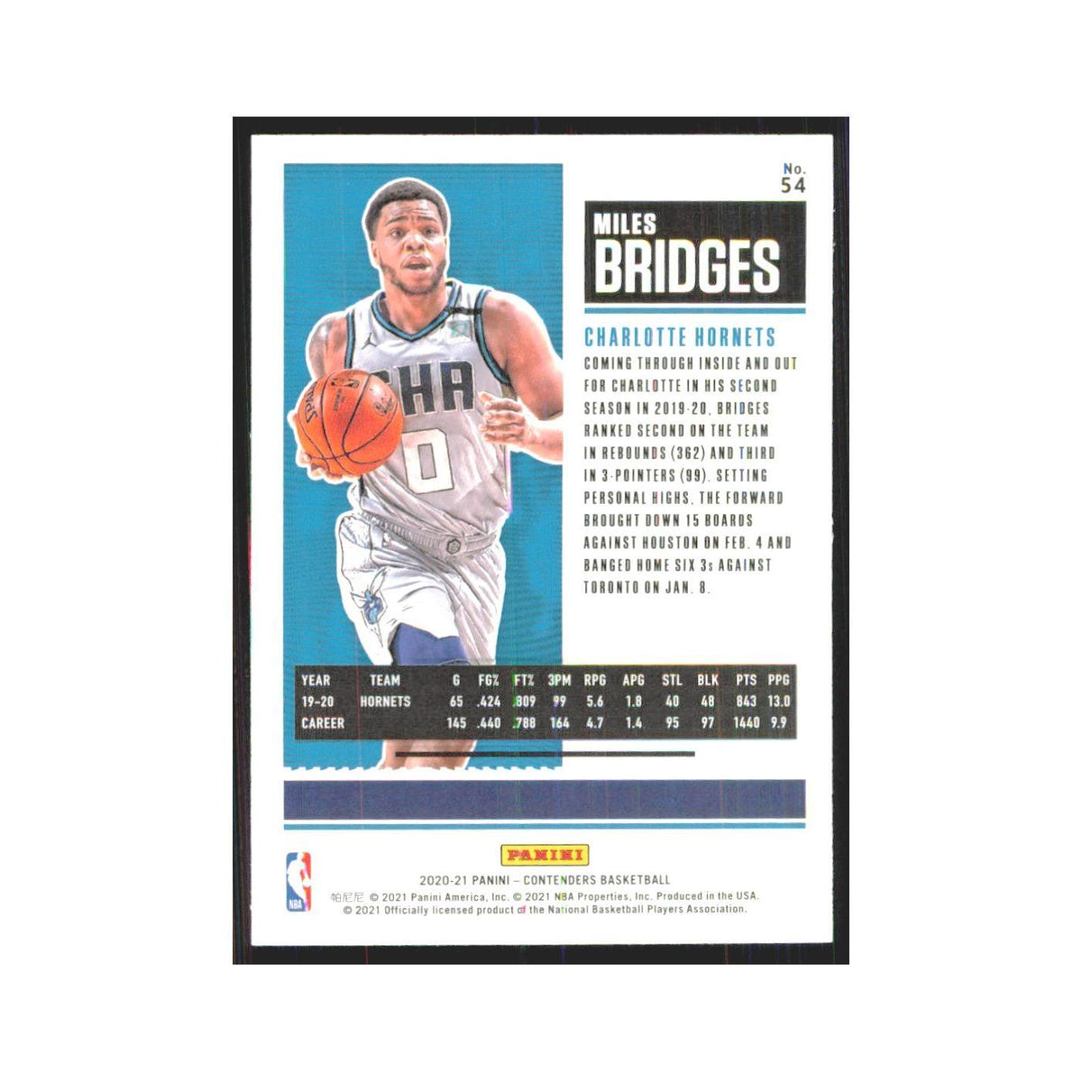 Miles Bridges 2020 Panini Contenders #54 Charlotte Hornets Basketball Card NM