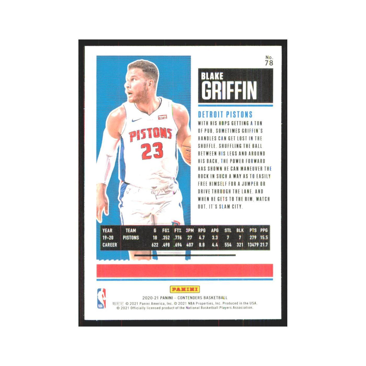 Blake Griffin 2020 Panini Contenders #78 Detroit Pistons Basketball Card NM