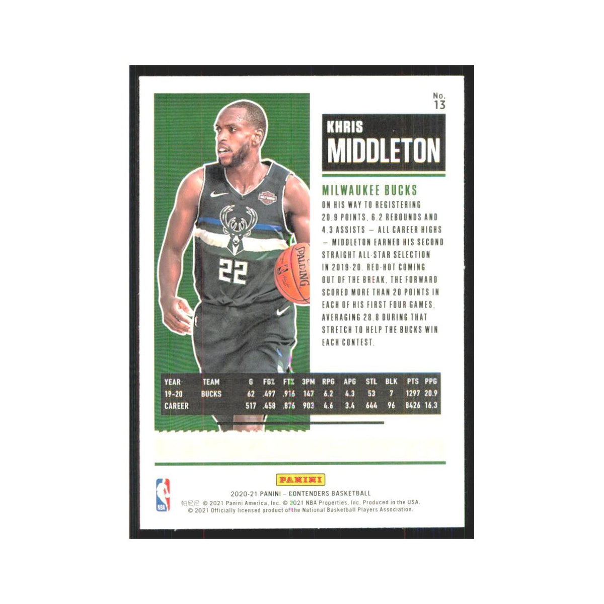 Khris Middleton 2020 Panini Contenders #13 Milwaukee Bucks Basketball Card NM