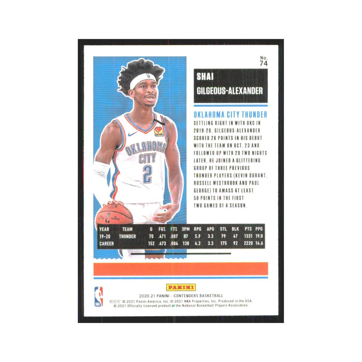 Shai Gilgeous-Alexander 2020 Panini Contenders #74 Oklahoma City Thunder NM
