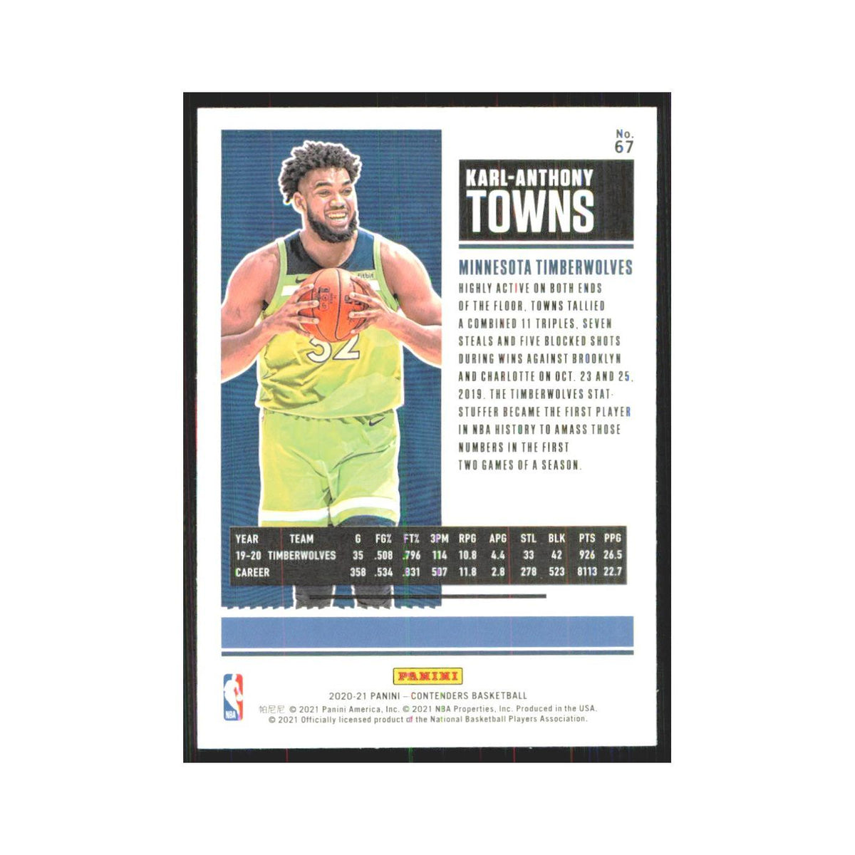 Karl-Anthony Towns 2020 Panini Contenders #67 Minnesota Timberwolves NM