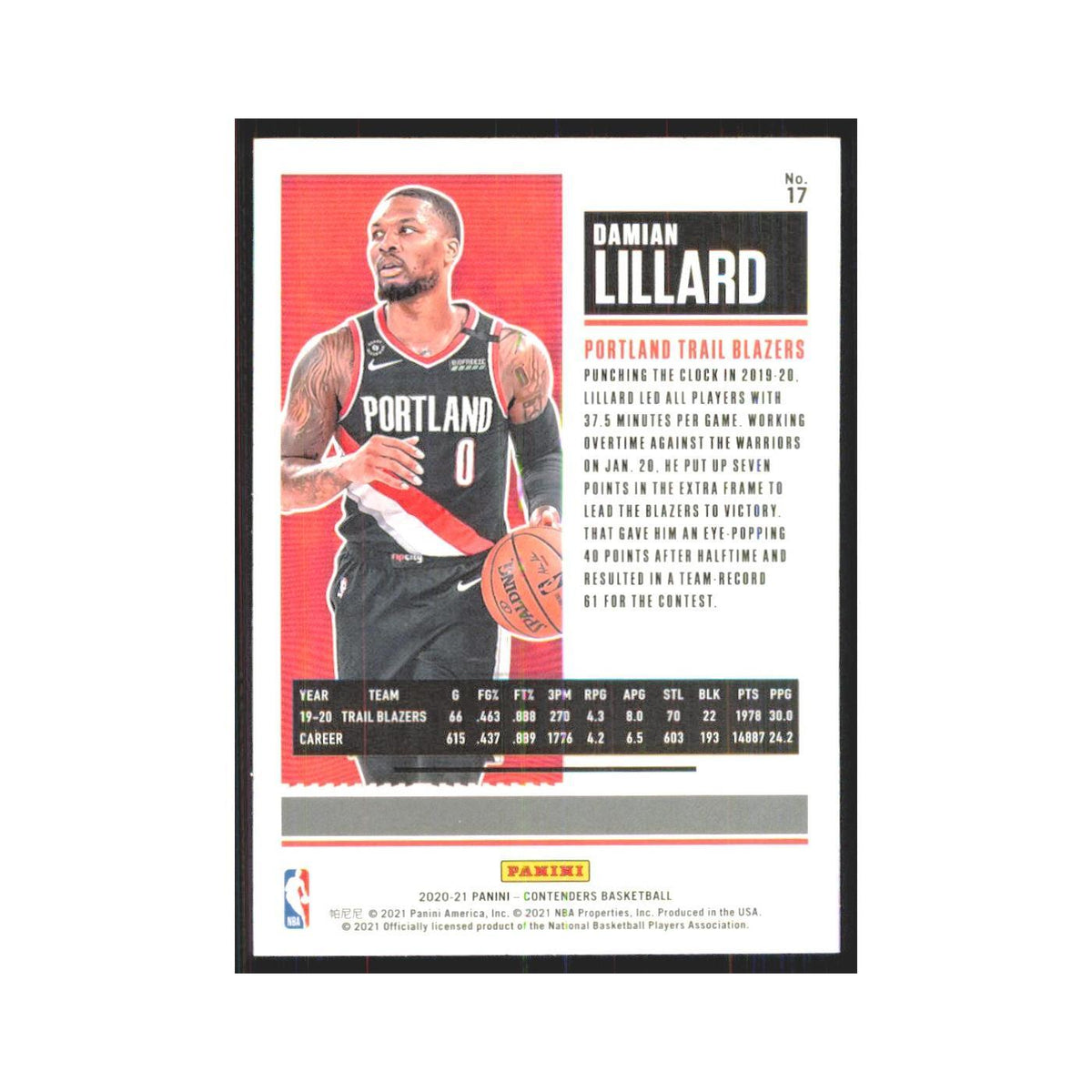 Damian Lillard 2020 Panini Contenders #17 Portland Trail Blazers NM