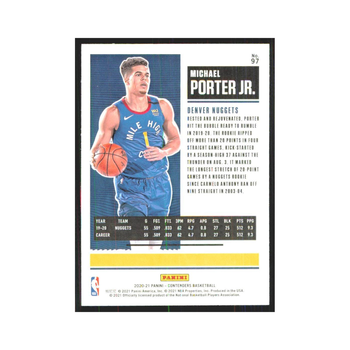 Michael Porter Jr. 2020 Panini Contenders #97 Denver Nuggets Basketball Card NM