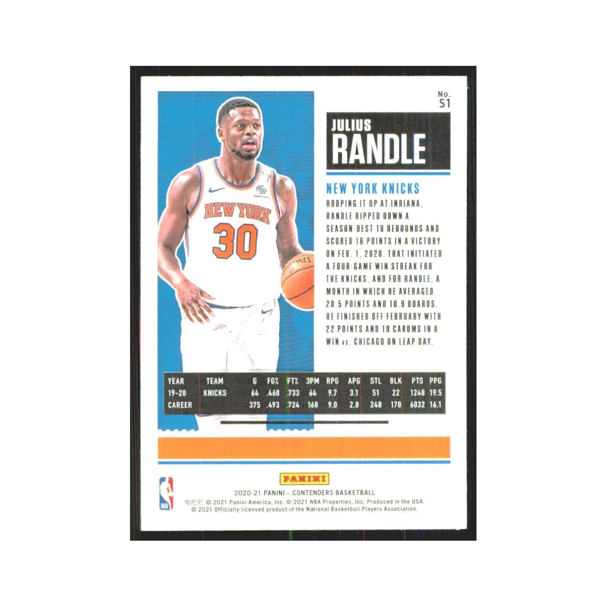 Julius Randle 2020 Panini Contenders #51 New York Knicks Basketball Card NM