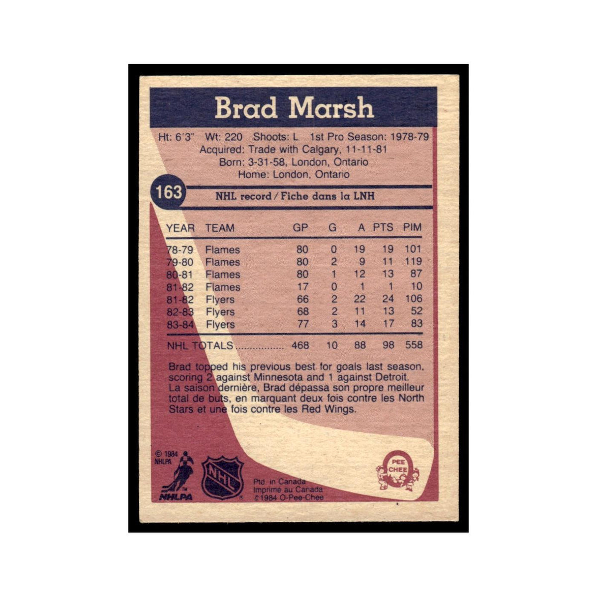 Brad Marsh 1984 O-Pee-Chee #163 Philadelphia Flyers Hockey Card EX