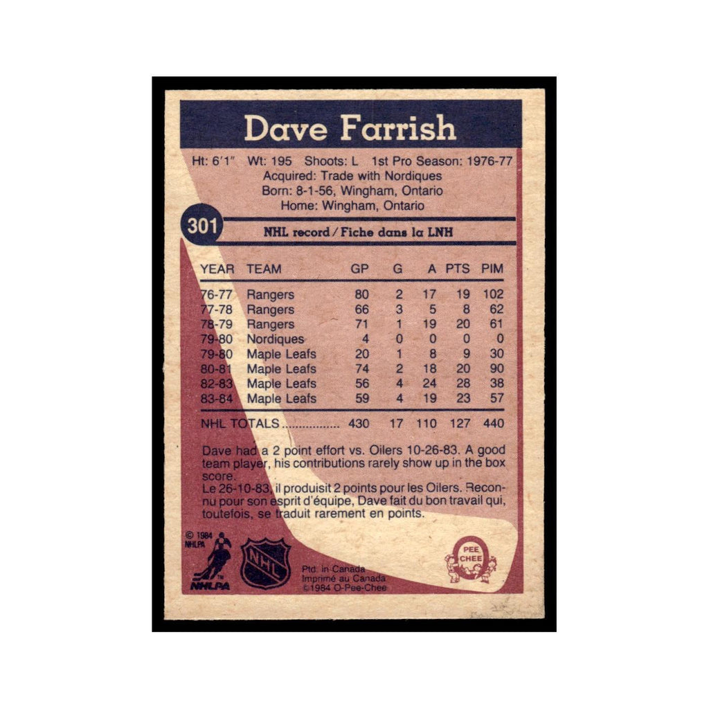 Dave Farrish 1984 O-Pee-Chee #301 Toronto Maple Leafs Hockey Card EX
