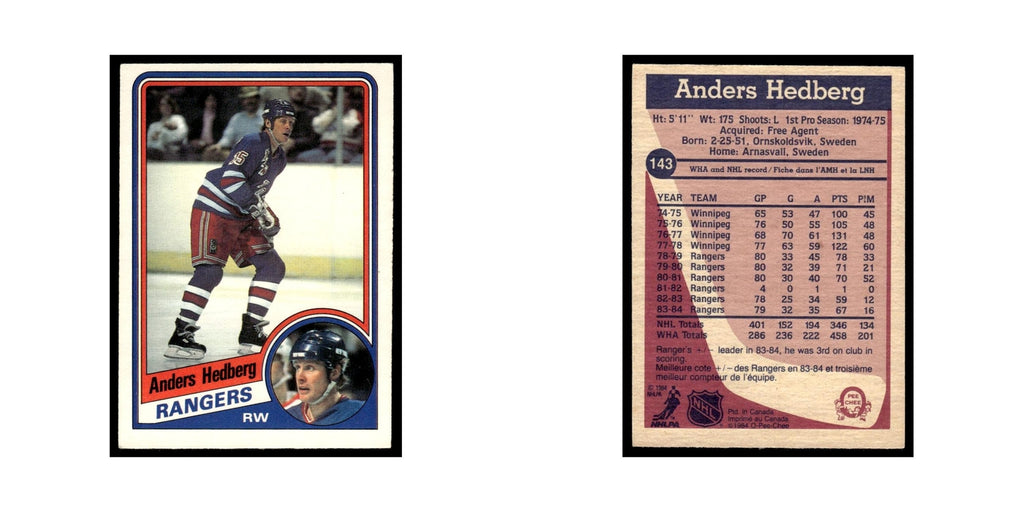 Anders Hedberg 1984 O-Pee-Chee #143 New York Rangers Hockey Card EX