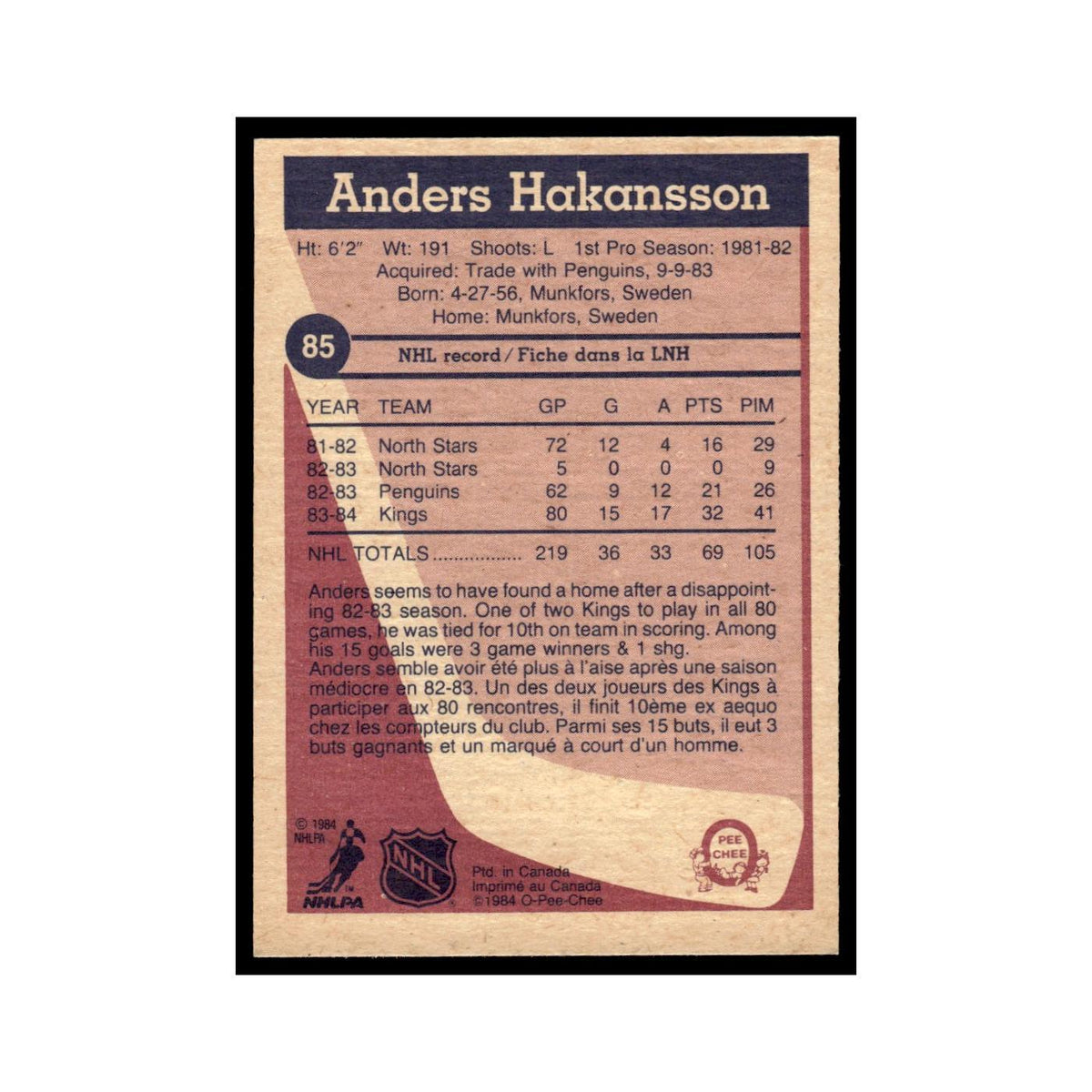 Anders Hakansson Rookie 1984 O-Pee-Chee #85 Los Angeles Kings Hockey Card EX