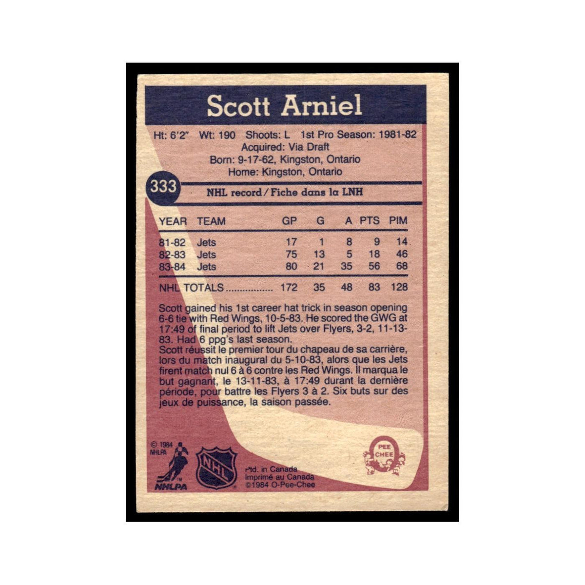 Scott Arniel 1984 O-Pee-Chee #333 Winnipeg Jets Hockey Card EX