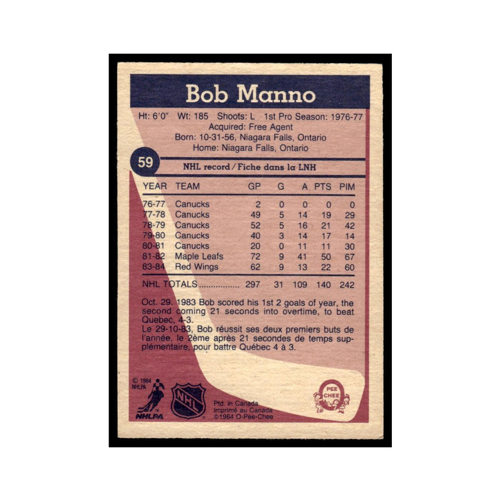 Bob Manno 1984 O-Pee-Chee #59 Detroit Red Wings Hockey Card EX