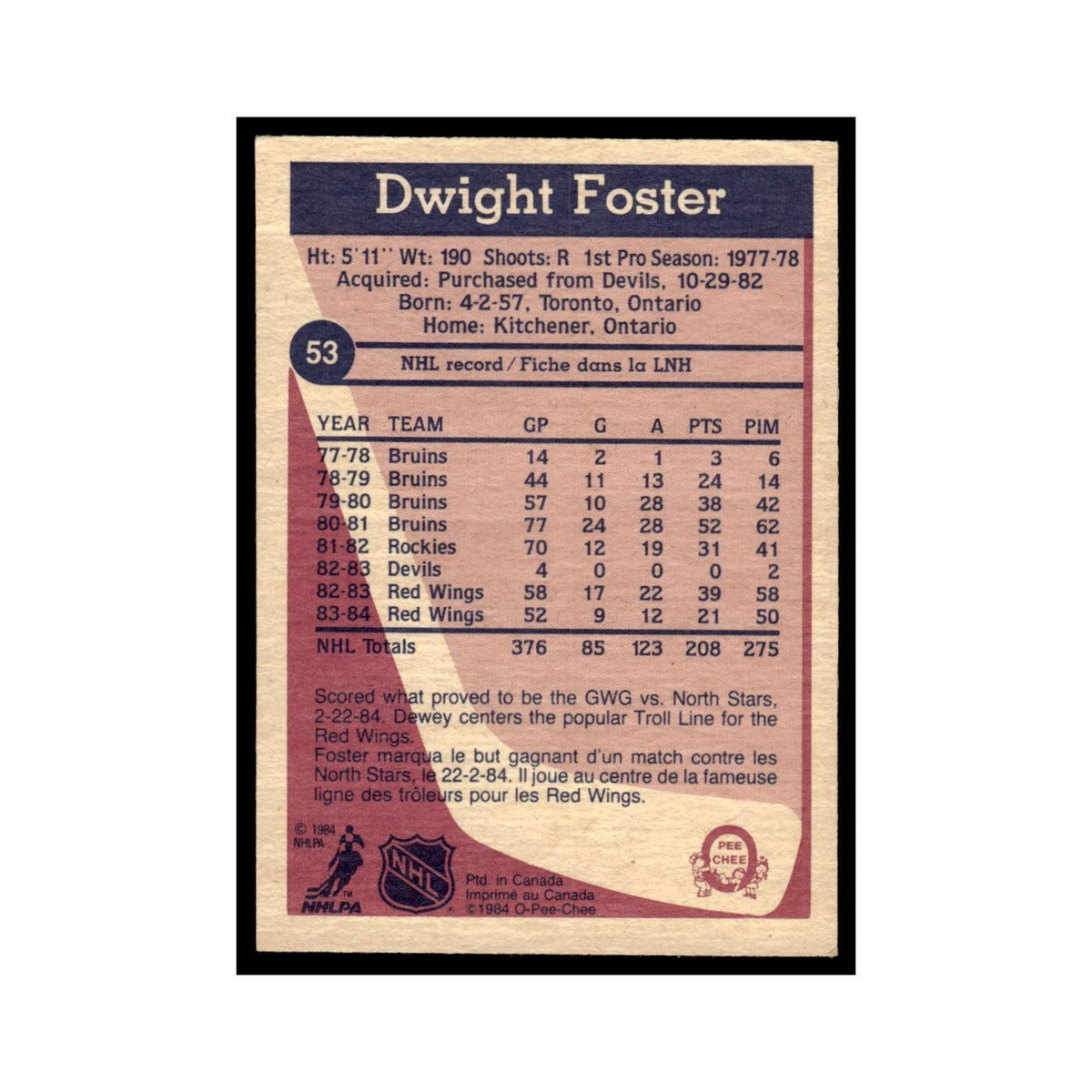 Dwight Foster 1984 O-Pee-Chee #53 Detroit Red Wings Hockey Card EX
