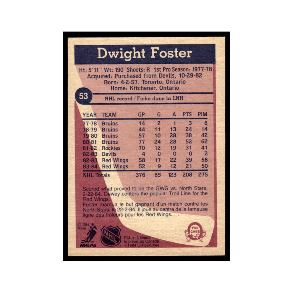 Dwight Foster 1984 O-Pee-Chee #53 Detroit Red Wings Hockey Card EX