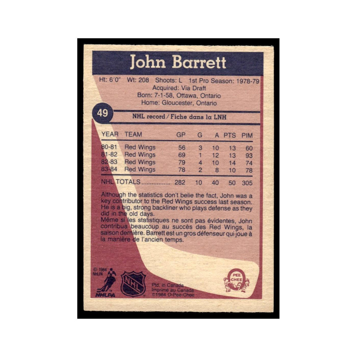 John Barrett 1984 O-Pee-Chee #49 Detroit Red Wings Hockey Card EX