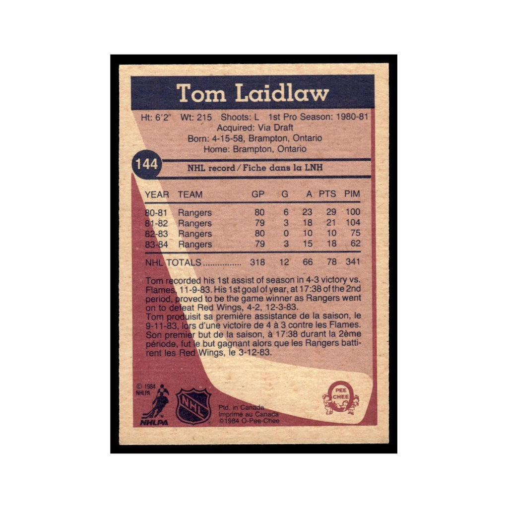 Tom Laidlaw 1984 O-Pee-Chee #144 New York Rangers Hockey Card EX