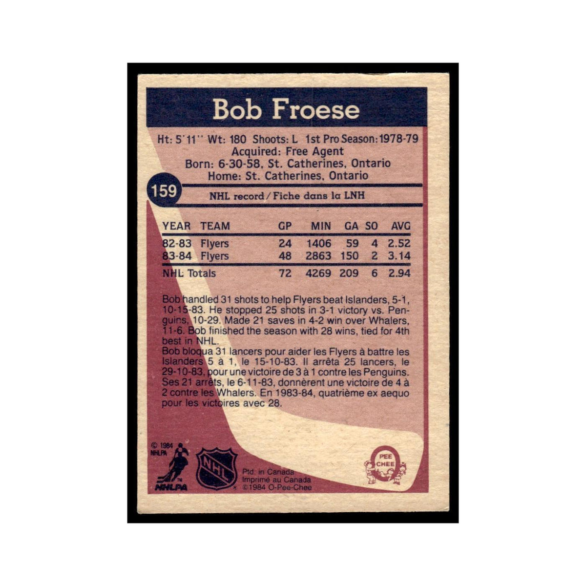 Bob Froese 1984 O-Pee-Chee #159 Philadelphia Flyers Hockey Card EX