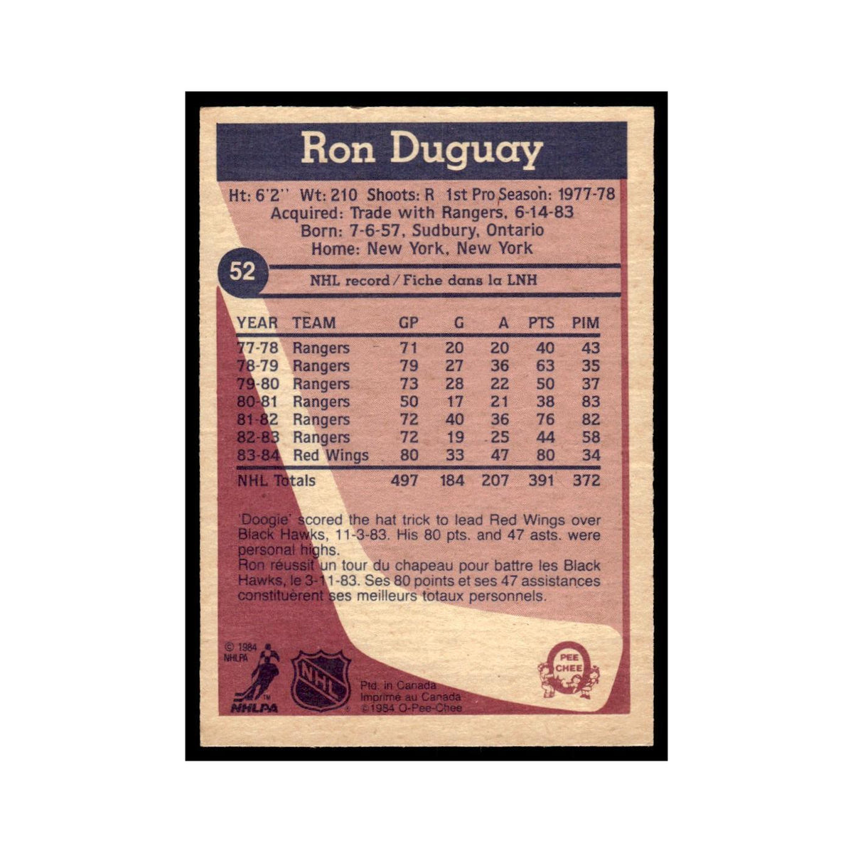 Ron Duguay 1984 O-Pee-Chee #52 Detroit Red Wings Hockey Card EX
