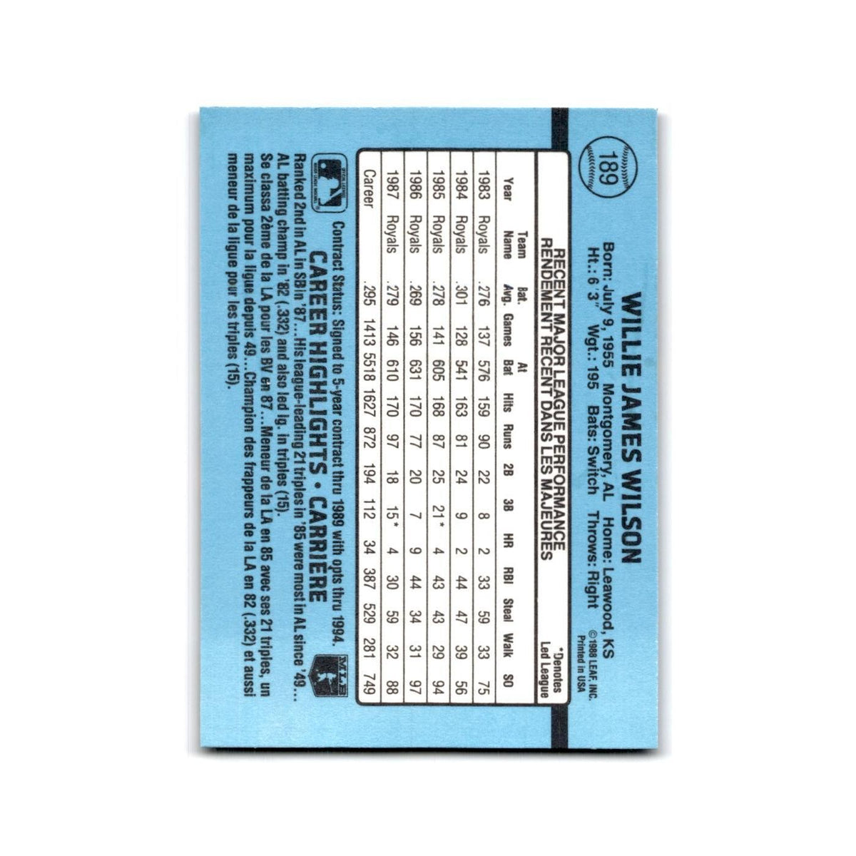 Willie Wilson 1988 Leaf #189 Kansas City Royals Baseball Card NM